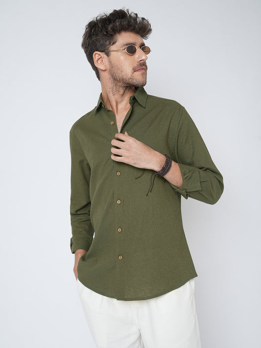 Olive Forest Haze Pure Linen Shirt