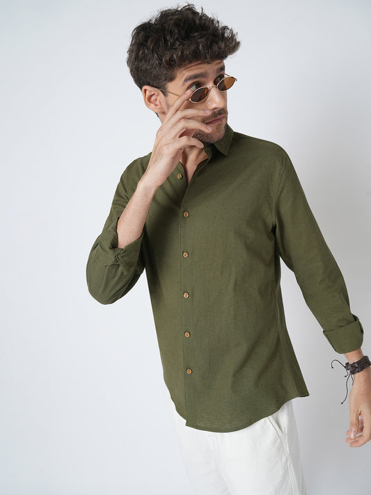 Olive Forest Haze Pure Linen Shirt