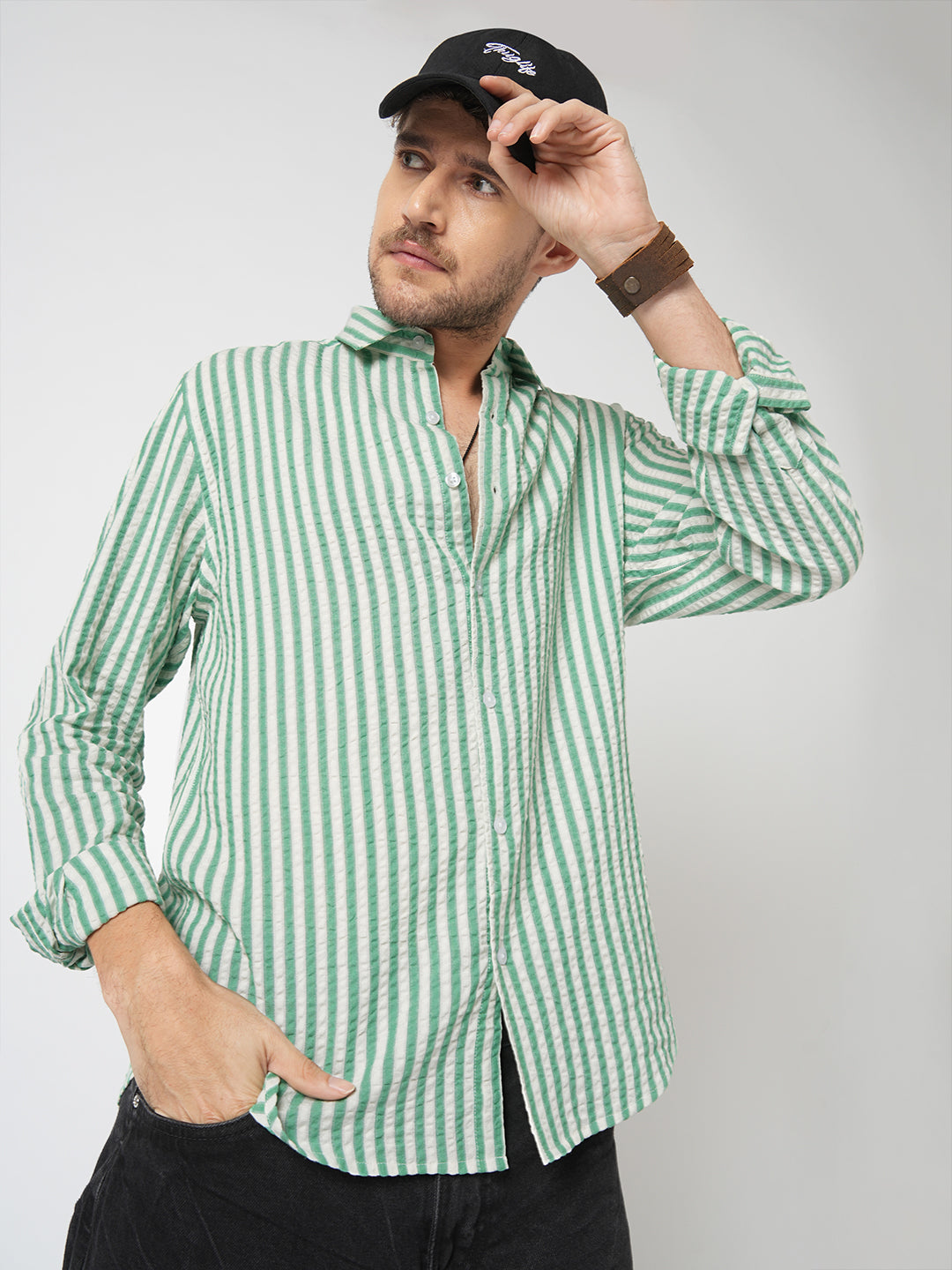 White & Green Candy Stripe Seersucker Shirt