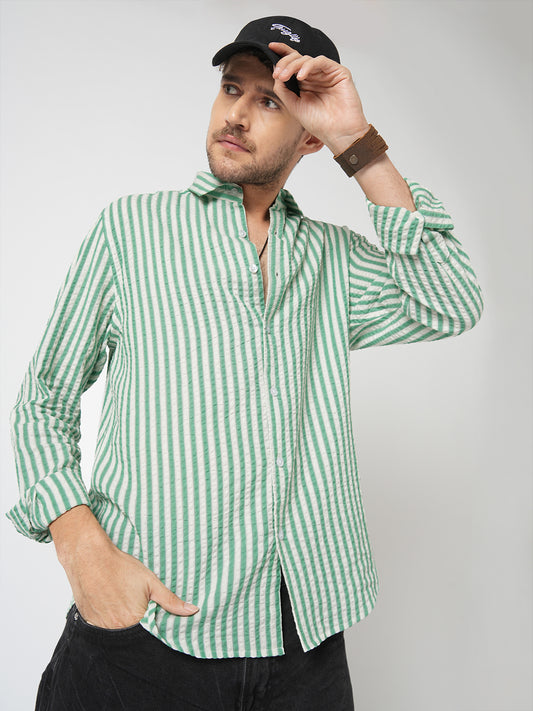 White & Green Candy Stripe Seersucker Shirt