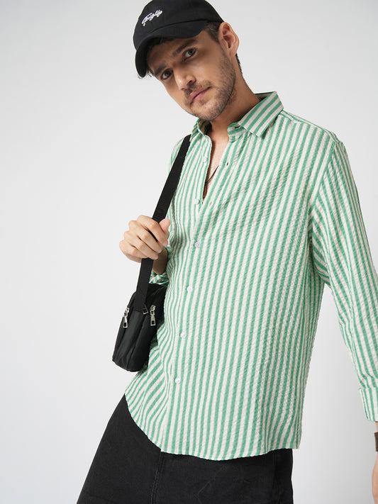White & Green Candy Stripe Seersucker Shirt
