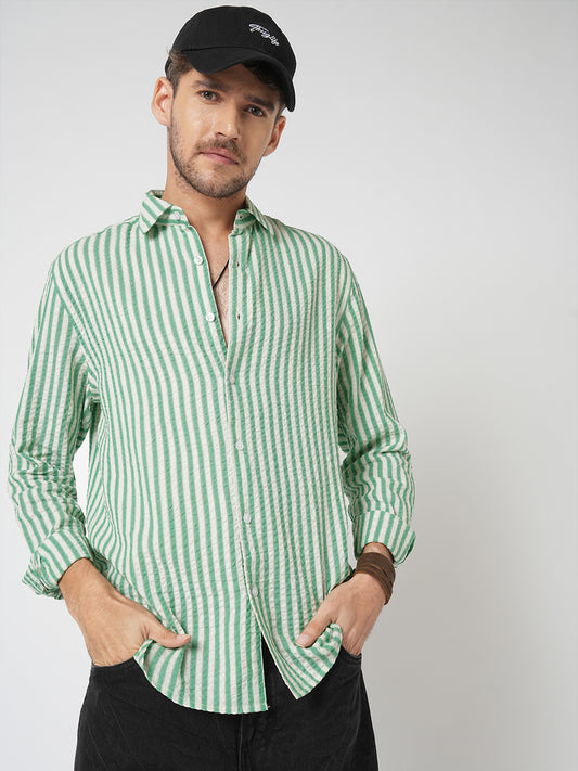 White & Green Candy Stripe Seersucker Shirt