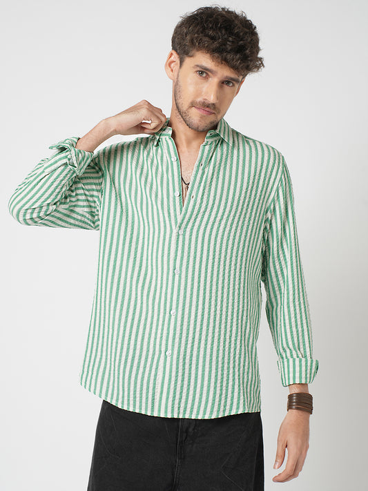 White & Green Candy Stripe Seersucker Shirt