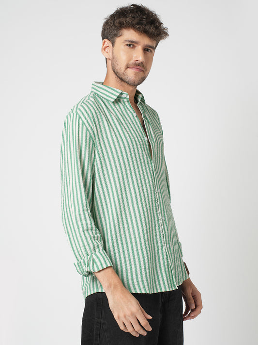 White & Green Candy Stripe Seersucker Shirt