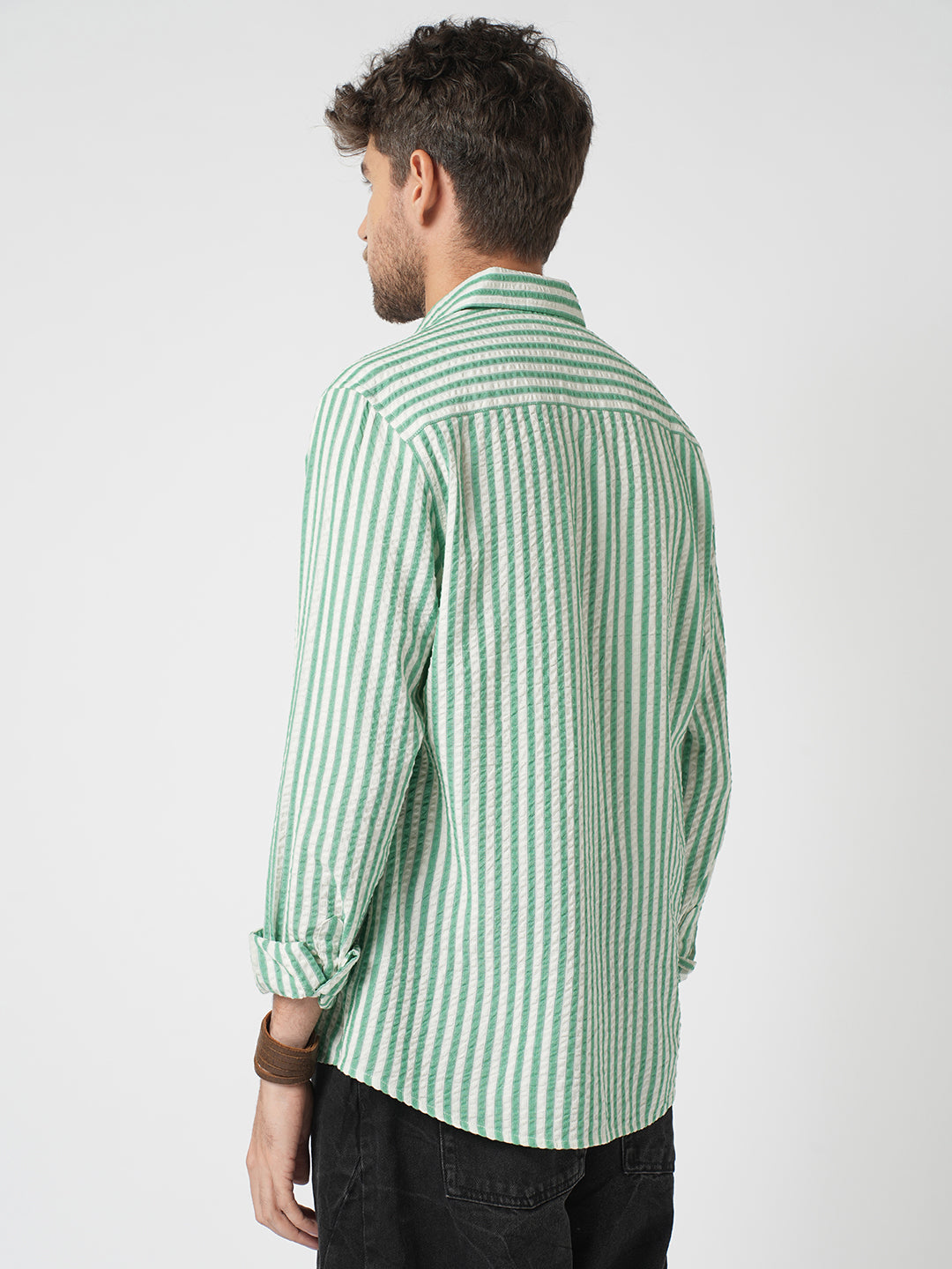 White & Green Candy Stripe Seersucker Shirt