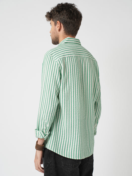 White & Green Candy Stripe Seersucker Shirt