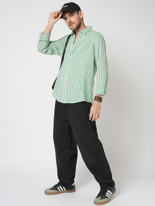 White & Green Candy Stripe Seersucker Shirt