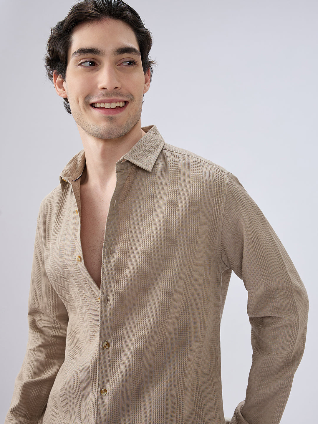 Dessert Beige Waffle Grid Weave Shirt