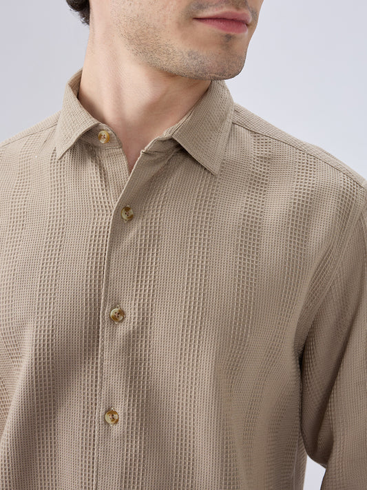 Dessert Beige Waffle Grid Weave Shirt