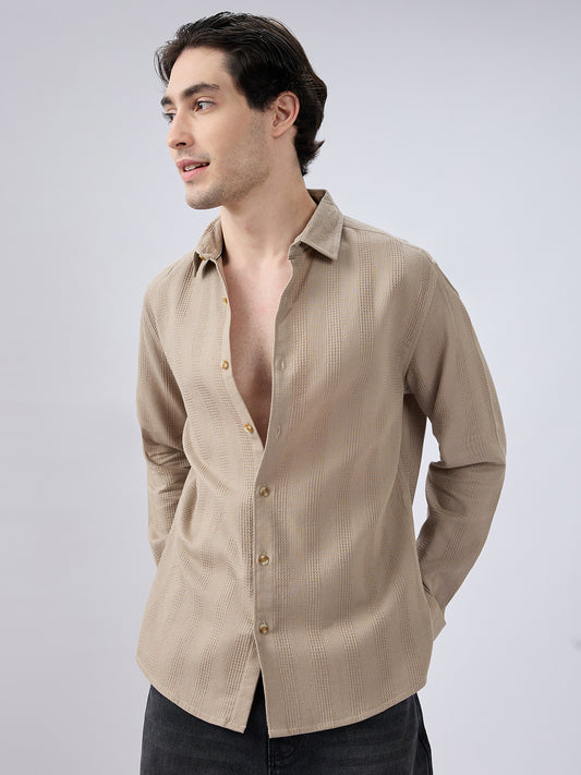 Dessert Beige Waffle Grid Weave Shirt