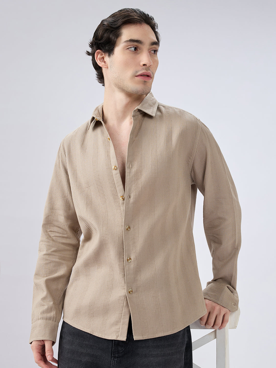 Dessert Beige Waffle Grid Weave Shirt