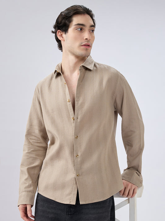 Dessert Beige Waffle Grid Weave Shirt