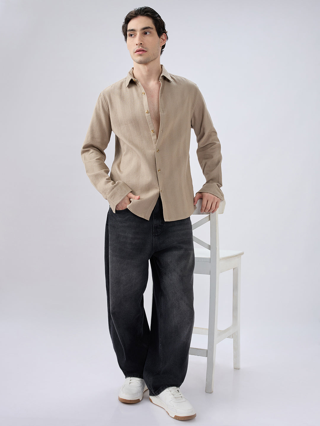 Dessert Beige Waffle Grid Weave Shirt
