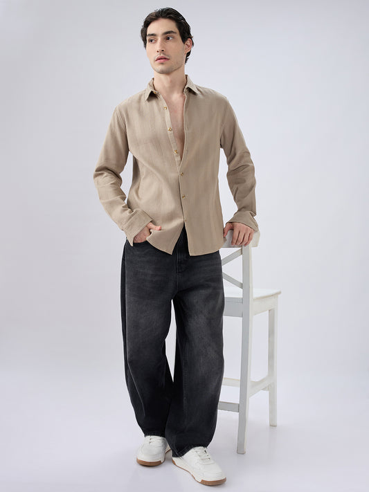 Dessert Beige Waffle Grid Weave Shirt