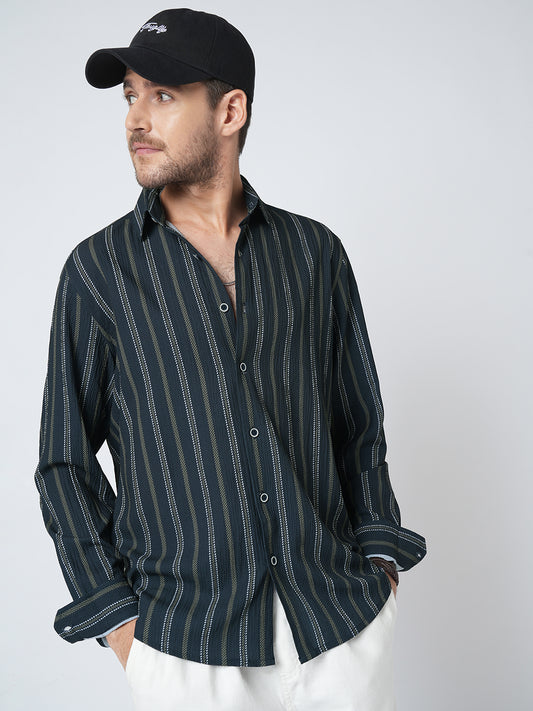 Navy & Olive Contrast Striped Crinkled Shirt