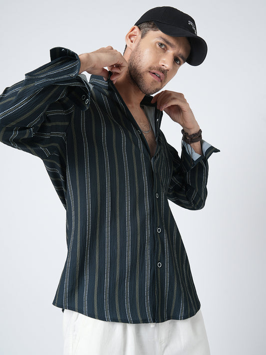 Navy & Olive Contrast Striped Crinkled Shirt