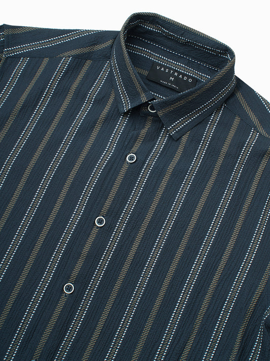Navy & Olive Contrast Striped Crinkled Shirt