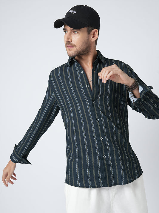 Navy & Olive Contrast Striped Crinkled Shirt