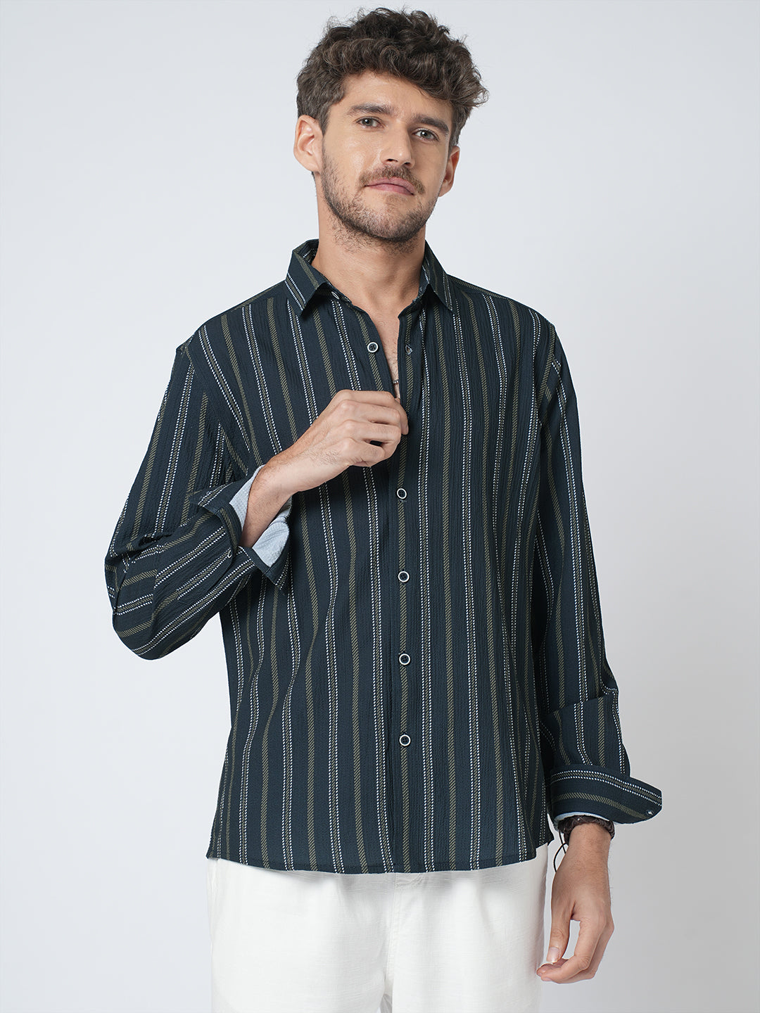 Navy & Olive Contrast Striped Crinkled Shirt
