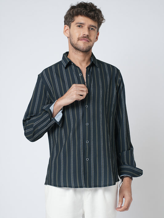 Navy & Olive Contrast Striped Crinkled Shirt
