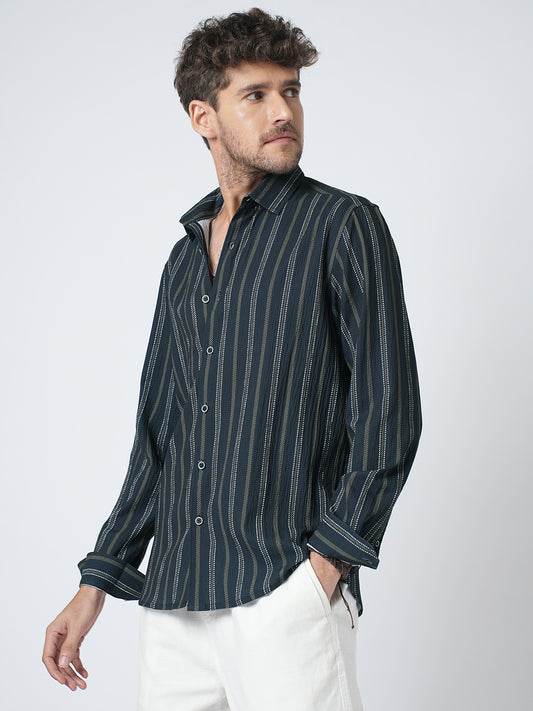 Navy & Olive Contrast Striped Crinkled Shirt