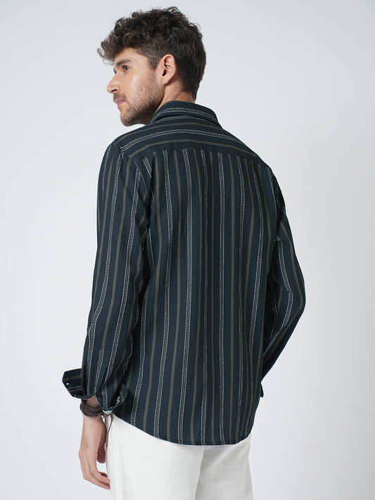 Navy & Olive Contrast Striped Crinkled Shirt