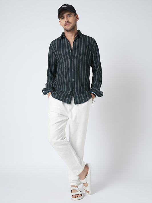 Navy & Olive Contrast Striped Crinkled Shirt