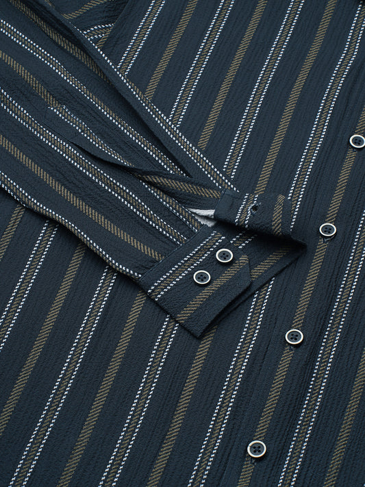 Navy & Olive Contrast Striped Crinkled Shirt