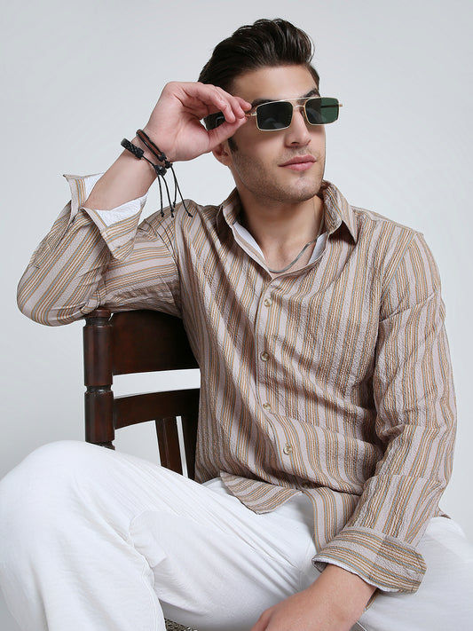 Nomad Beige Creased Striped Shirt