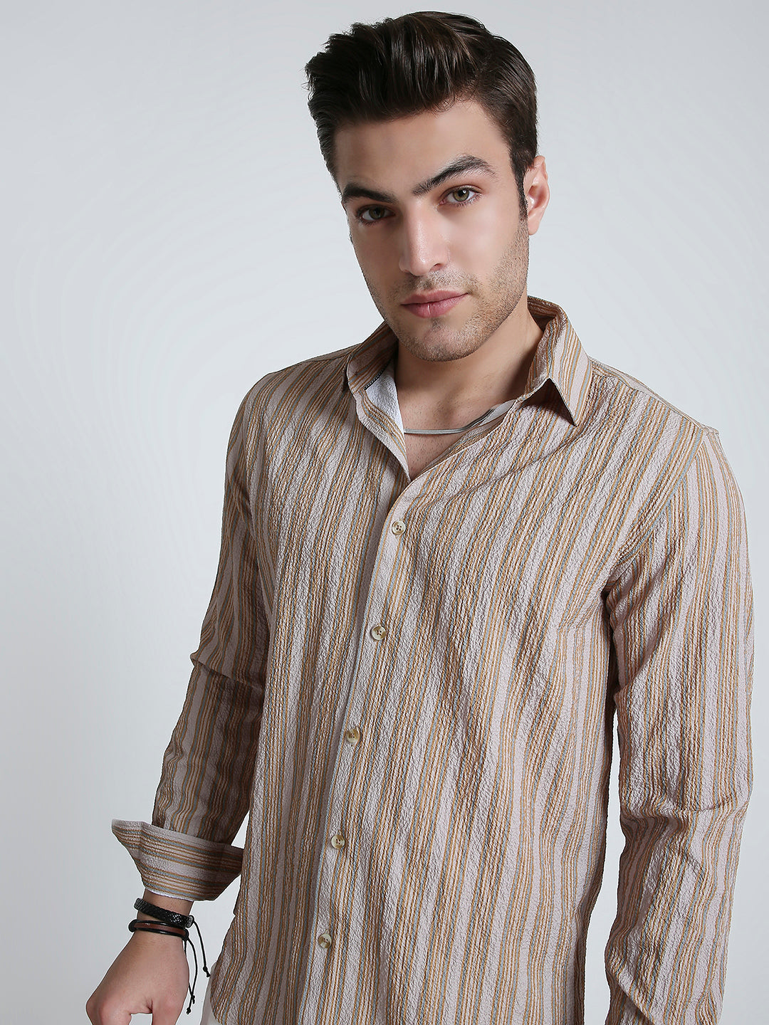Nomad Beige Creased Striped Shirt