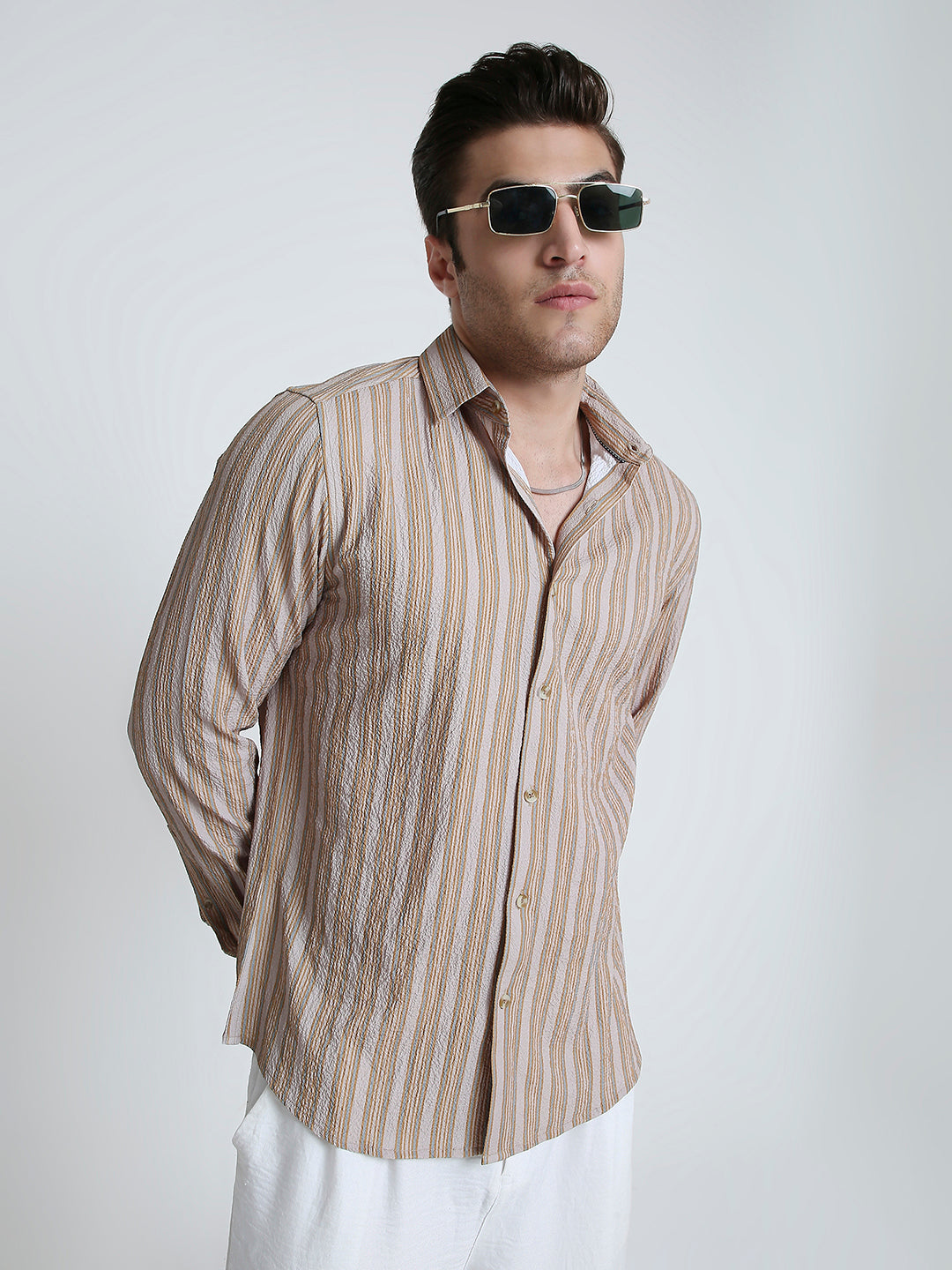 Nomad Beige Creased Striped Shirt