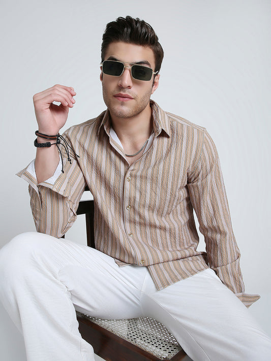 Nomad Beige Creased Striped Shirt