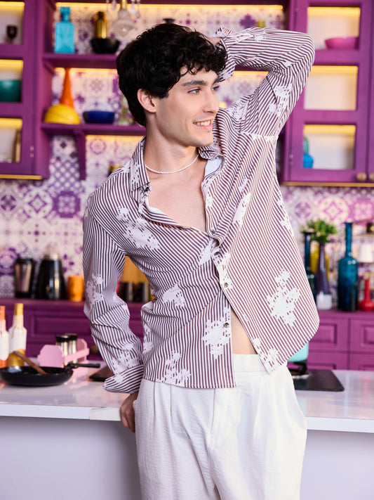 Brown & White Botanical Stripes Shirt