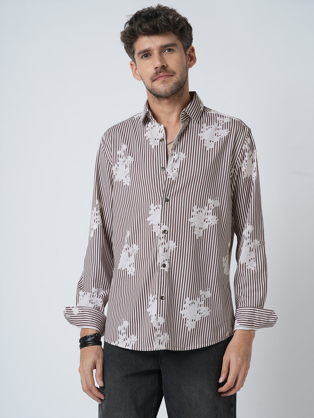 Brown & White Botanical Stripes Shirt