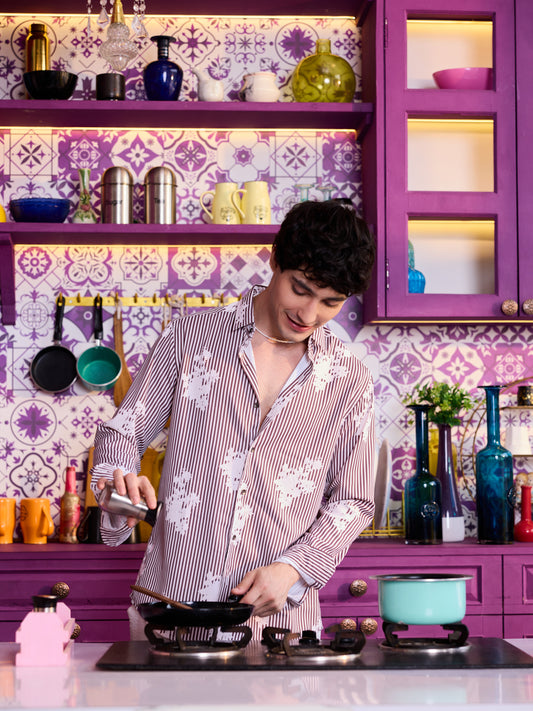 Brown & White Botanical Stripes Shirt