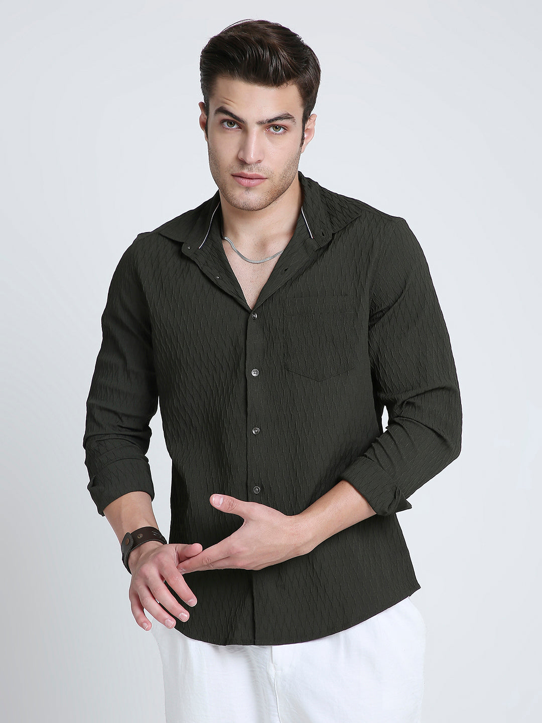 Twilight Olive Self-Design Embossed Shirt