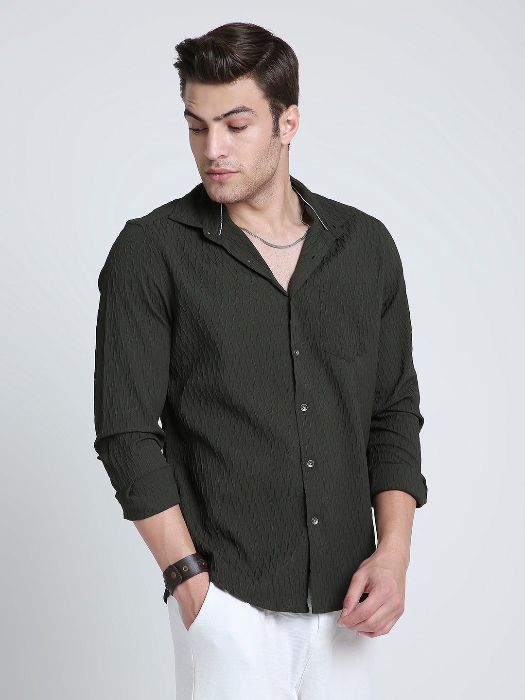Twilight Olive Self-Design Embossed Shirt
