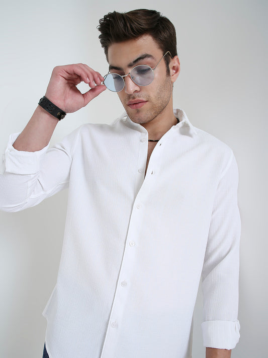 Feather White Elegant Grid Textured Shirt