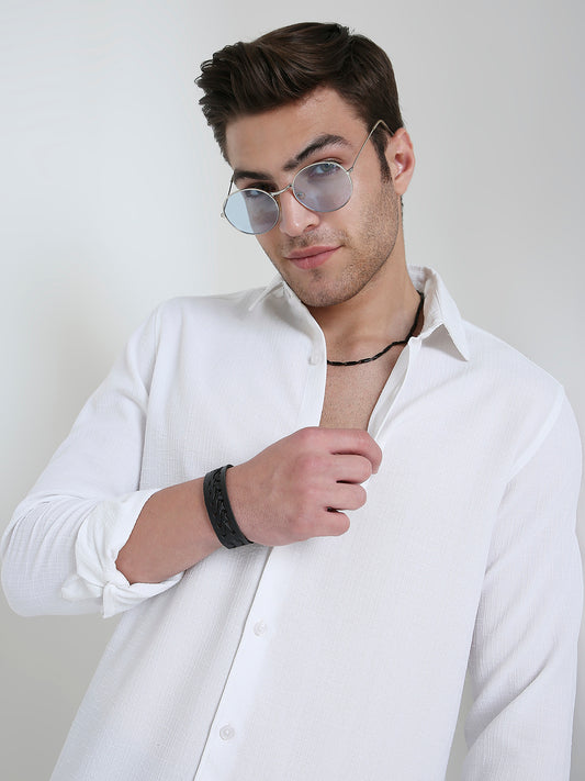Feather White Elegant Grid Textured Shirt