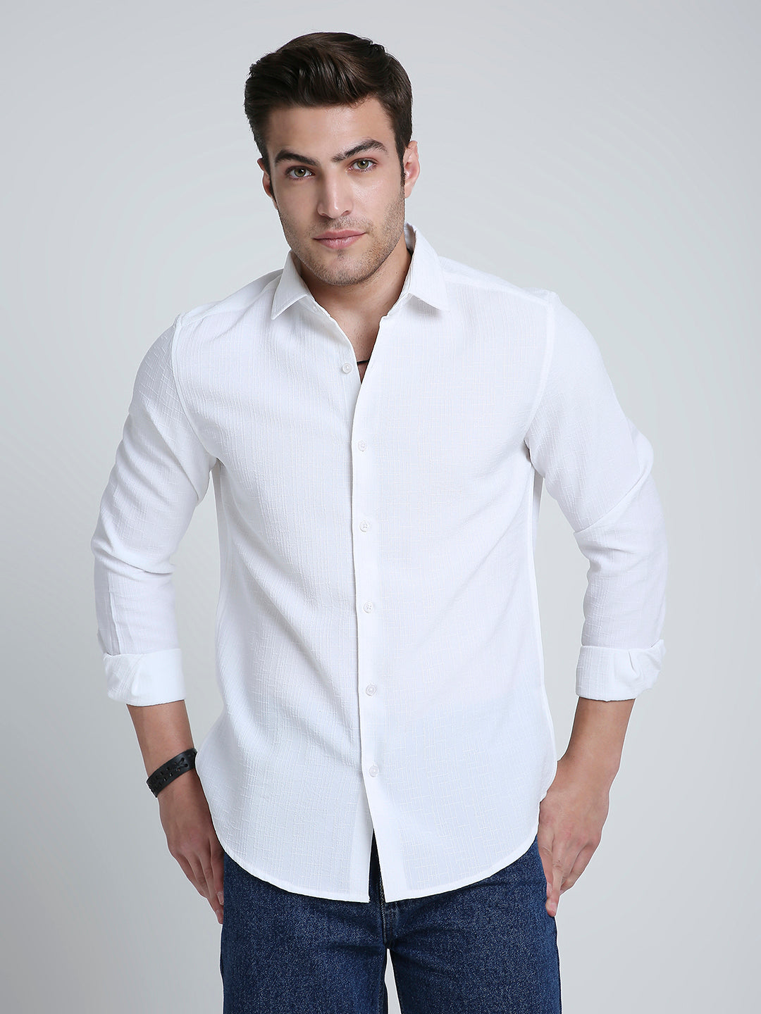 Feather White Elegant Grid Textured Shirt