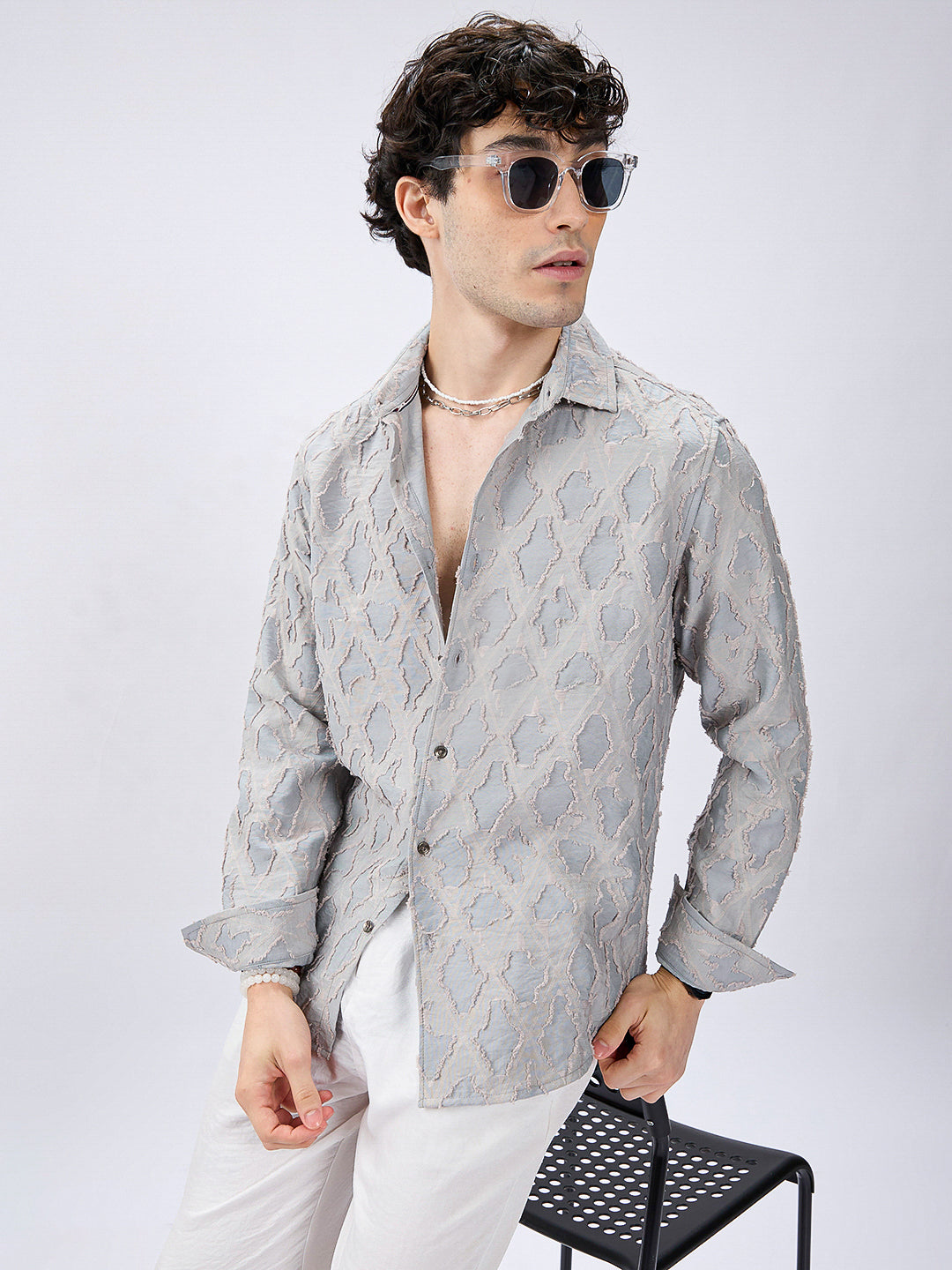 Cloud Mesh Diamond Embossed Frayed Shirt