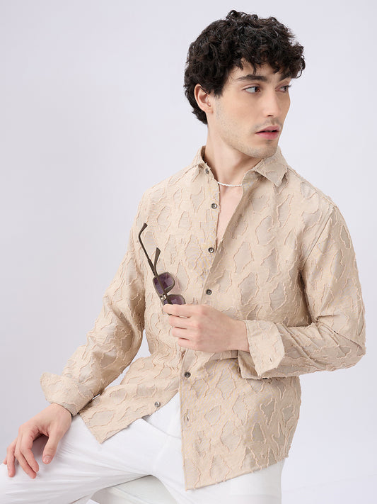 Beige Lozenge Engraved Artisan Frayed Shirt