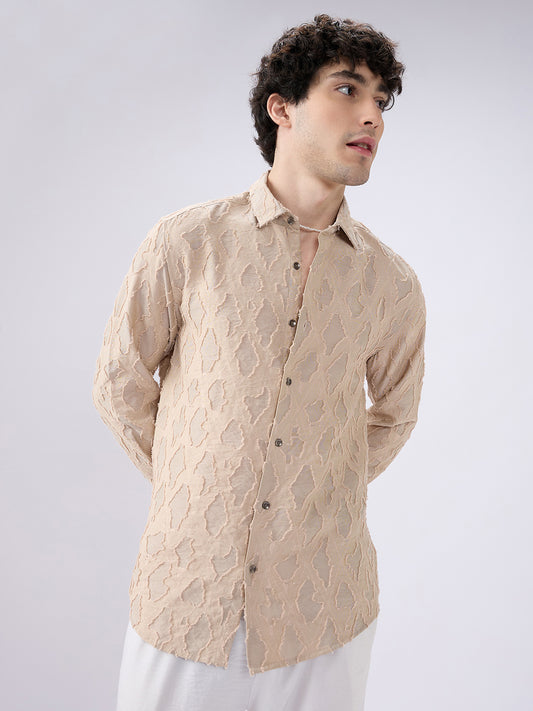 Beige Lozenge Engraved Artisan Frayed Shirt