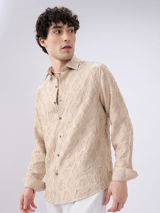 Beige Lozenge Engraved Artisan Frayed Shirt