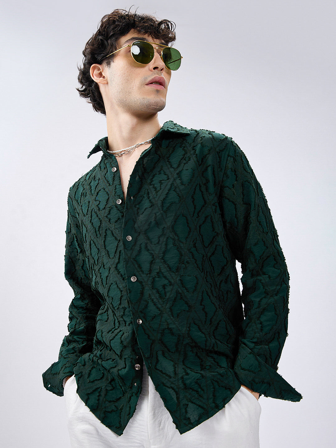 Emerald Green Lozenge Embossed Frayed Shirt