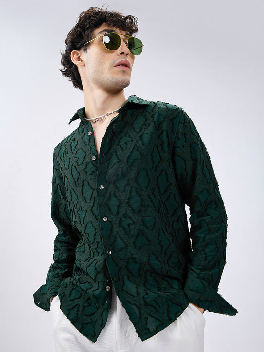 Emerald Green Lozenge Embossed Frayed Shirt