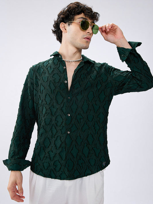 Emerald Green Lozenge Embossed Frayed Shirt