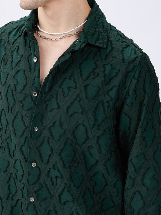 Emerald Green Lozenge Embossed Frayed Shirt