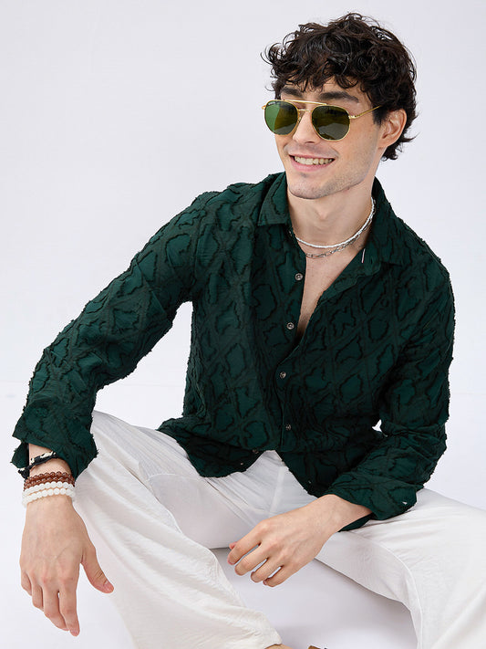 Emerald Green Lozenge Embossed Frayed Shirt