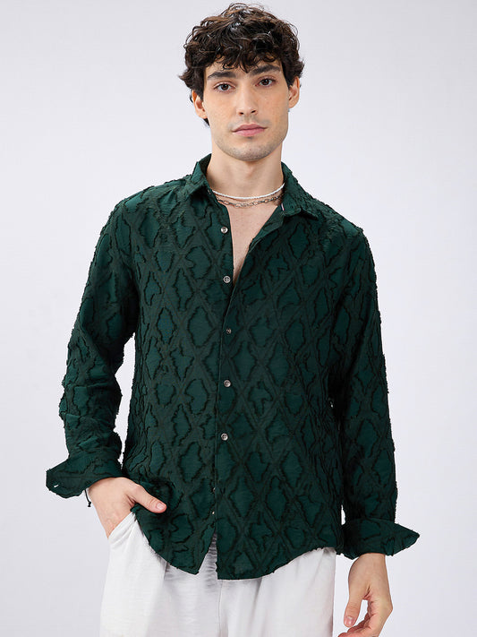 Emerald Green Lozenge Embossed Frayed Shirt